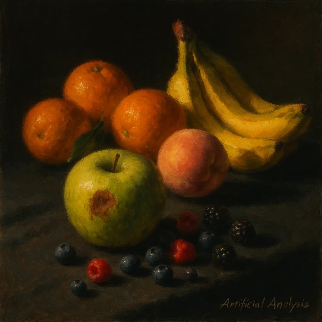 A still life scene painted oil on canvas, comprising various fruits on a black table cloth with striking lighting coming from the right out of frame, creating strong shadows. A bruised green apple is in the foreground, a peach behind it, and behind that a melange of oranges and bananas in various states of ripeness. Berries are strewn in front of the apple. The artist has signed his name "Artificial Analysis" in the bottom right corner in a hurried fashion.