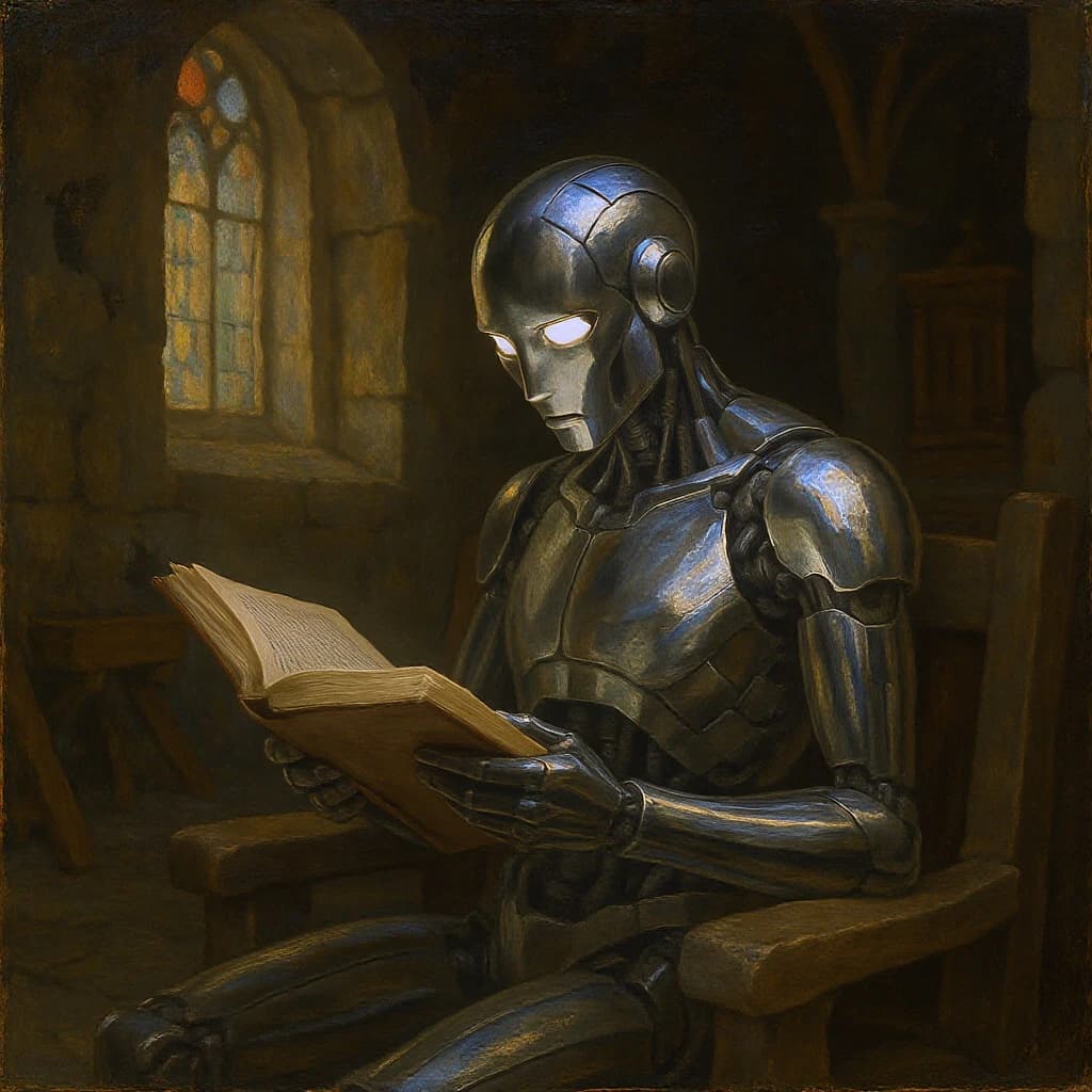 Oil painting of a chrome android reading in a stone chapel, a bit somber.