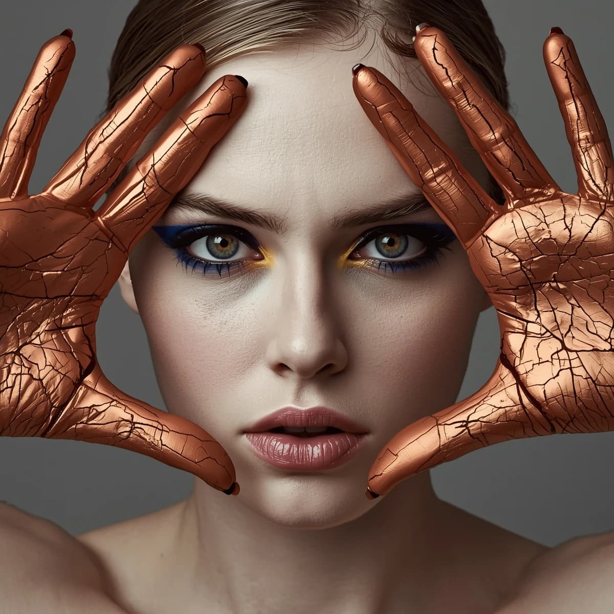 A striking close-up portrait of a woman with cracked metallic copper-painted hands framing her face. Her vivid blue and red eye makeup contrasts sharply with the smooth, pale skin and muted background, creating a bold, surreal composition. She displays an air of uncertainty about her