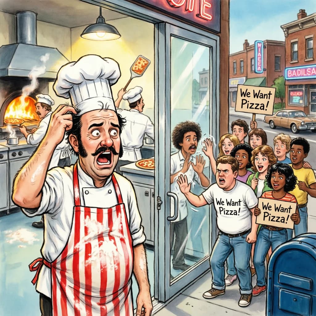 Pasquale is pulling his few remaining hairs out over a disaster at the pizzeria - the cooks are working as fast as they can but the crowds outside are swelling and they demand hot hot pizza! They are banging on the glass and some are wearing "we want pizza" shirts. 1980s western TV animation style.