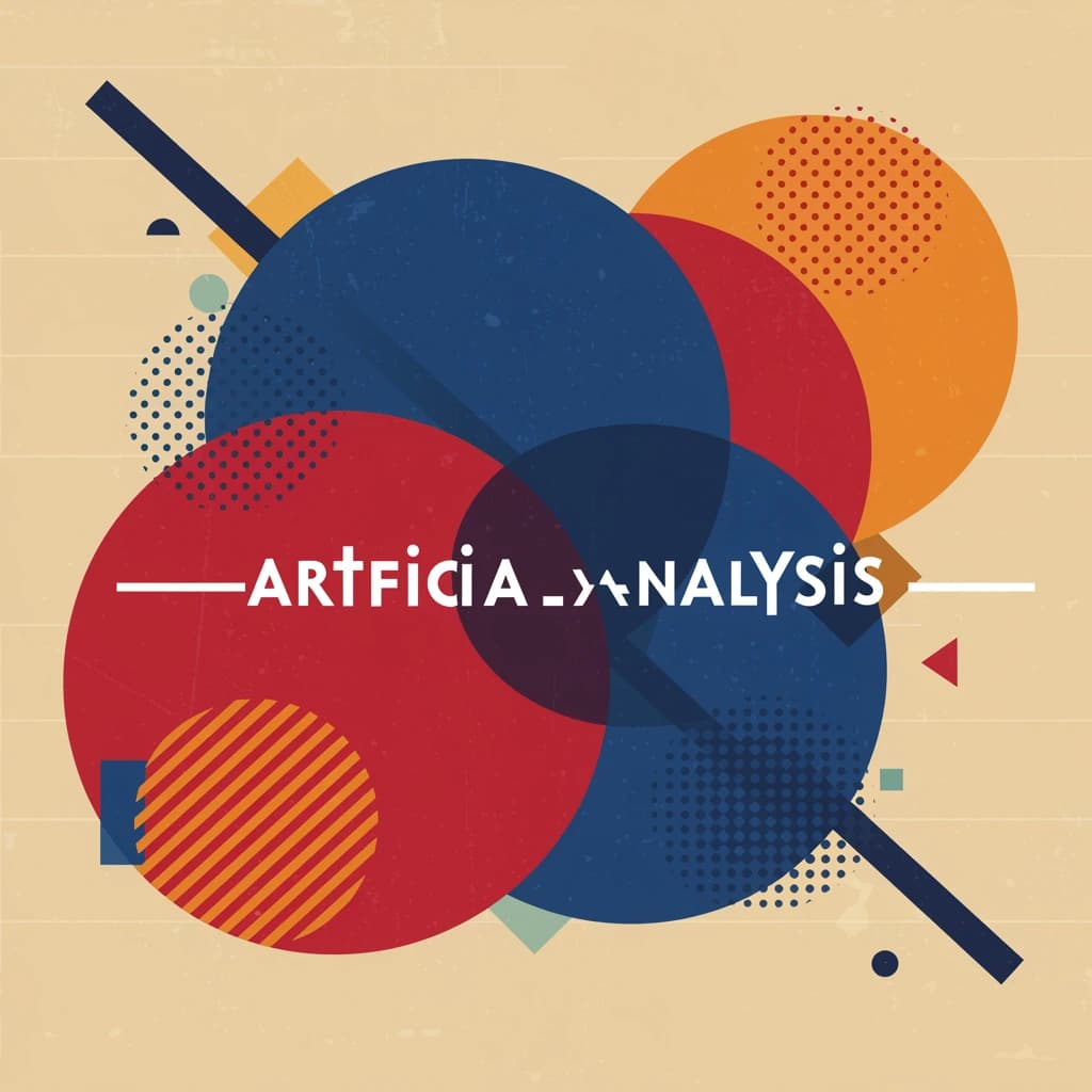 A bold poster composition dominated by flat geometric shapes in crimson, cobalt, and ochre. Overlapping circles and sharp diagonal lines create dynamic tension across the frame. A single sans-serif word — Artificial Analysis — stretches across the center in stark white, distorted slightly as though caught mid-glitch. The background is textured with halftone dots and faint grid lines, while subtle overlays of translucent rectangles suggest depth. Designed in the spirit of modernist Swiss typography fused with digital glitch aesthetics.