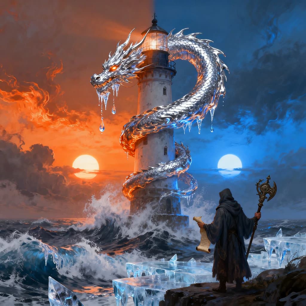A dragon of molten silver coils around a lighthouse. The storming sea below crashes upward in frozen stillness, as though caught mid-motion. The dragon’s molten eyes drip tears of ice. On the horizon, two suns set next to each other, casting orange light on one side of the tower and blue on the other. A cloaked traveler carries an ancient weapon in his left hand and a scroll in his right.