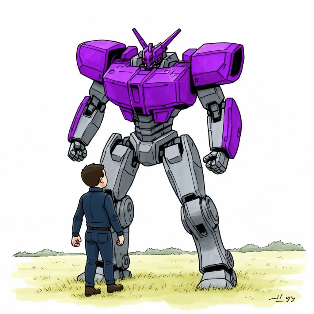 Clad in his body suit up to the neck, young Masa nervously approaches the towering mech with his back facing us. He is nervous for his first time in the field. The mech's bright purple colour scheme contrasts with the grey body suit. The scale of the mech dwarfs Masa. Hand drawn style