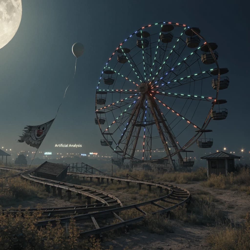 A deserted amusement park glows faintly under a half-moon. The ferris wheel is rusting yet strung with fresh, blinking LED lights. A torn clown banner flaps in a windless air. A lone balloon floats upward, tethered to nothing, while in the far distance city lights flicker on - some neon, some gas lamps as though from another century. 'Artificial Analysis' glows in neon