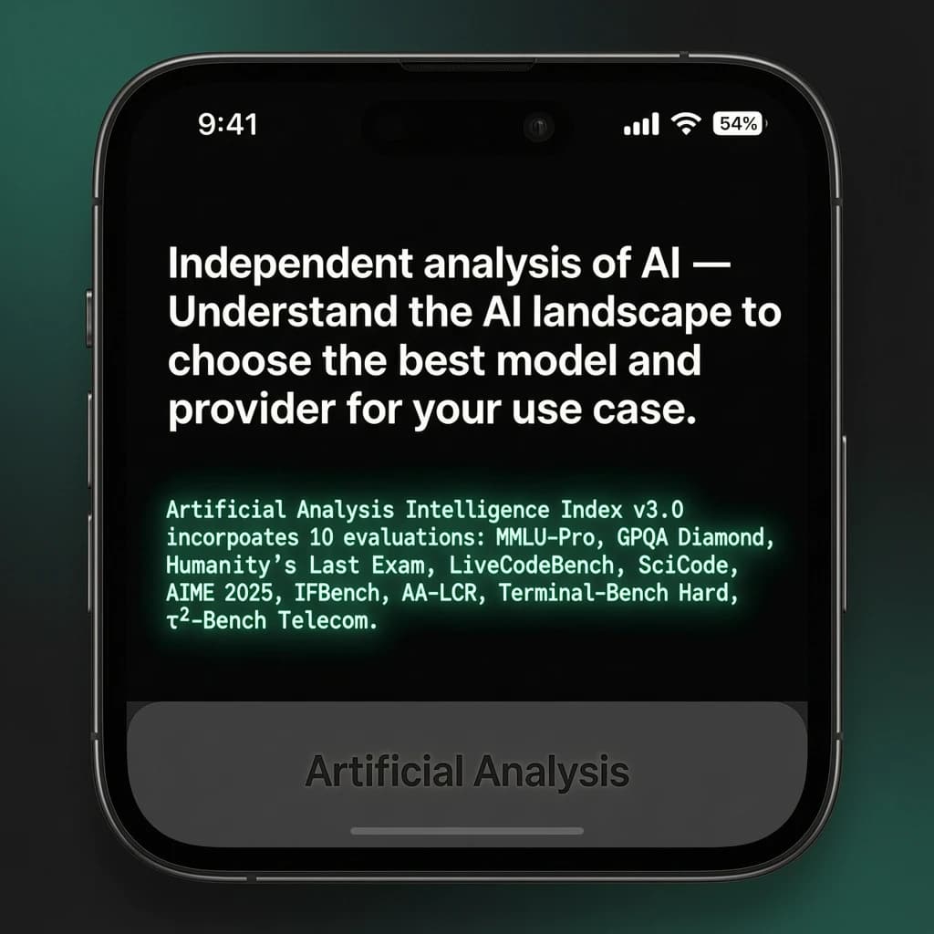 On a black smartphone UI with rounded corners, display a centered text block in white San Francisco font, 16pt: “Independent analysis of AI - Understand the AI landscape to choose the best model and provider for your use case.” Below, in neon cyan, monospace font, smaller size: “Artificial Analysis Intelligence Index v3.0 incorporates 10 evaluations: MMLU-Pro, GPQA Diamond, Humanity's Last Exam, LiveCodeBench, SciCode, AIME 2025, IFBench, AA-LCR, Terminal-Bench Hard, 𝜏²-Bench Telecom.” The second block scrolls horizontally as a ticker. The battery icon in the status bar shows 54%. The Artificial Analysis logo appears faintly, embossed into the bottom navigation bar.