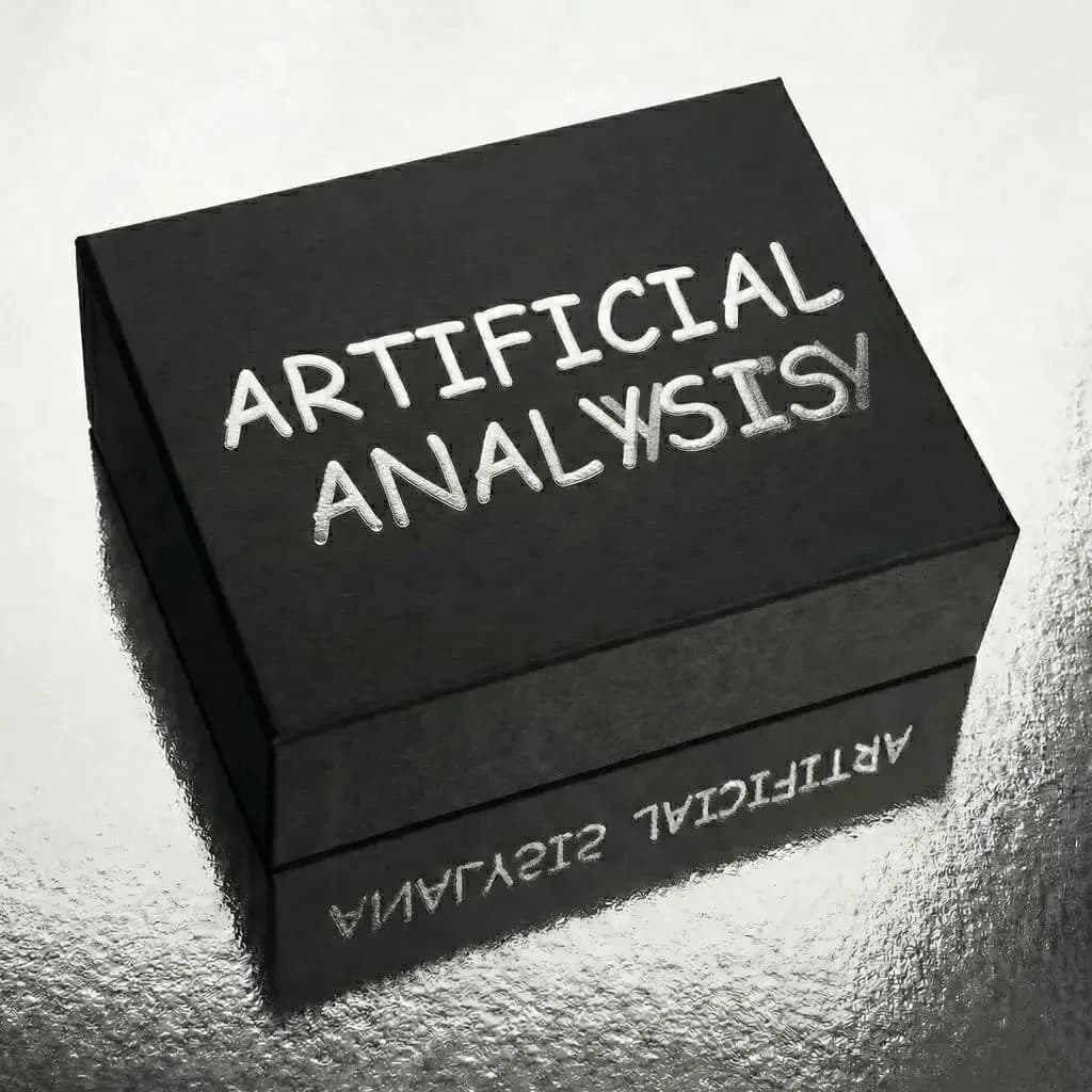 On the black box, silver foil embossing, centered: "Artificial Analysis" in Comic Sans Small Caps, perfectly justified. The letters are crisp, but the “Y” is duplicated faintly, ghosting right. On the box’s reflection, the word order is inverted: ARTIFICIAL ANALYSIS.