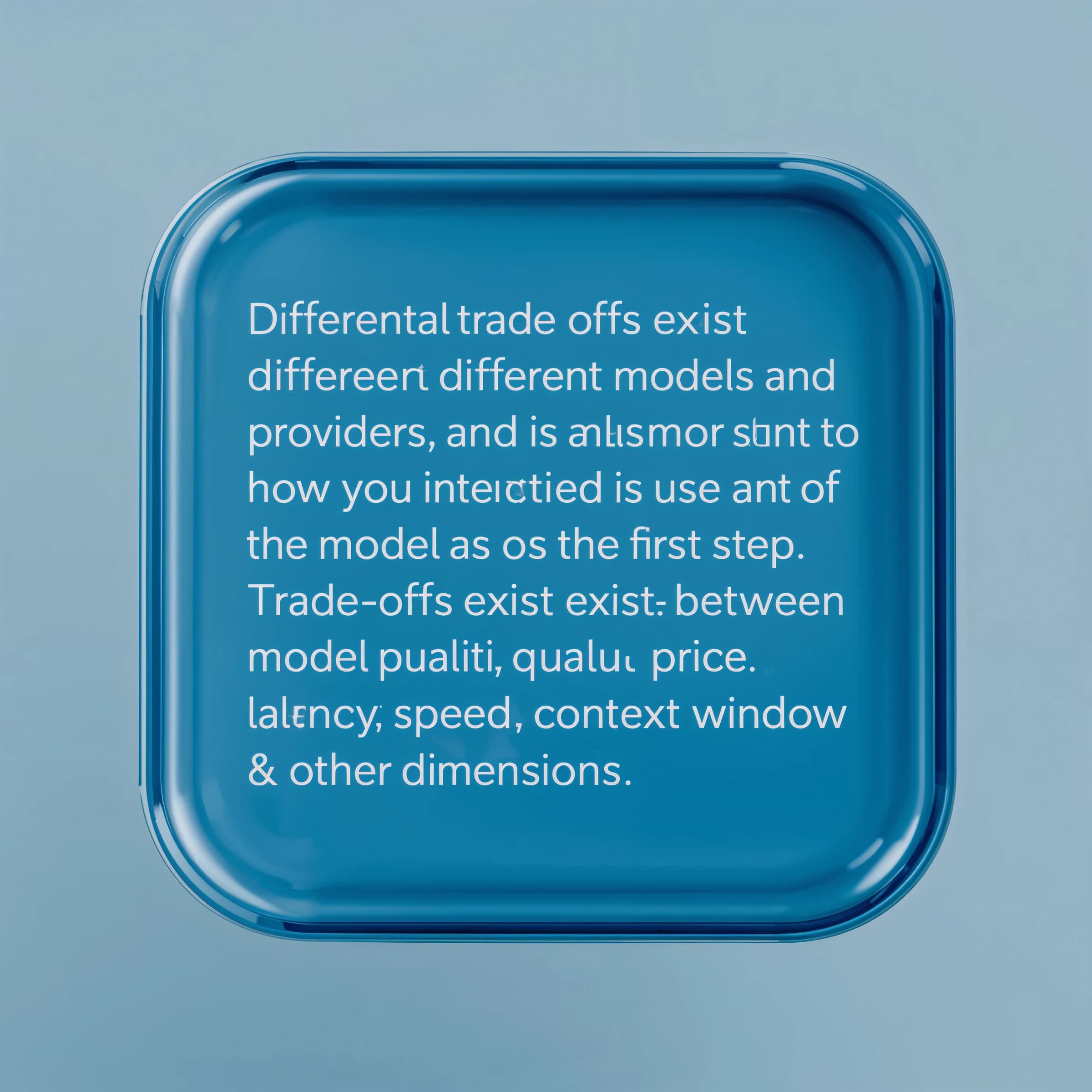In a clear transparent blue glassy rounded box, etch "Different trade offs exist between different models and providers and as such, it is important to start with how you intend to use the model as the first step. Trade-offs exist currently between model quality, price, output speed, latency, context window & other dimensions. " in sans serif medium weight text. Artificial Analysis is watermarked over the top right 