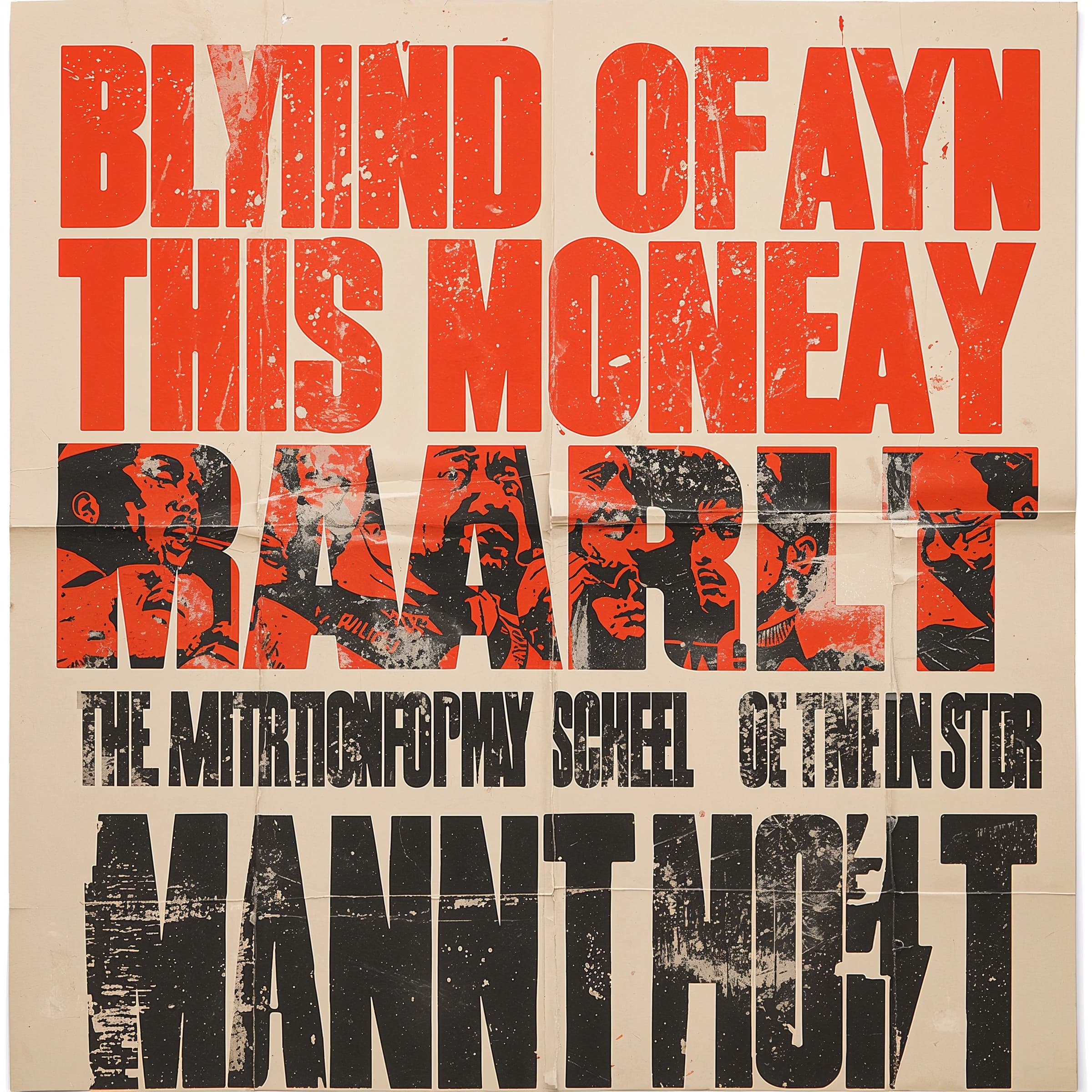 Make a 1960s concert poster featuring bold wood type, misaligned ink, creases.
