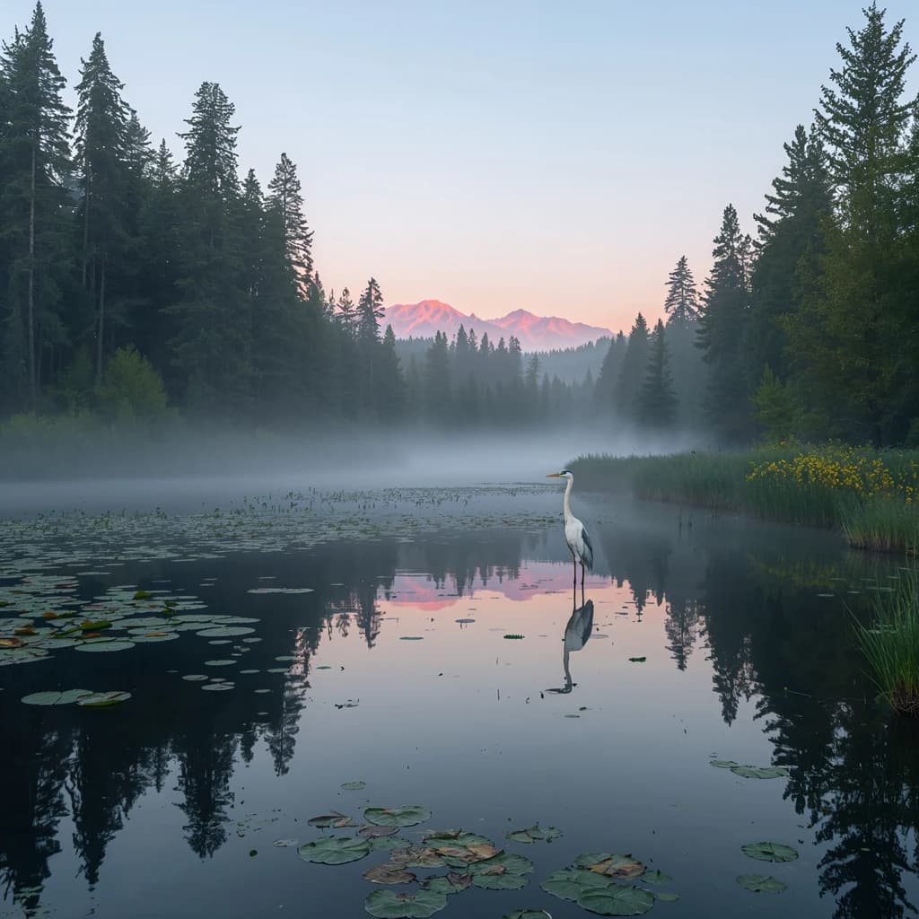 With pre-dawn mist along a cedar forest river and glassy water dotted with lily pads, distant mountains blush pink, and a heron stands still like it forgot what to do next.