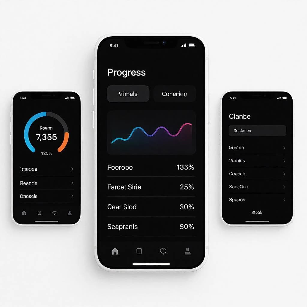 Sleek mobile fitness app screens on a desk: dark mode home, progress dashboard, simple onboarding, clear 8 pt grid, slightly oversized buttons for thumb reach, muted colors.