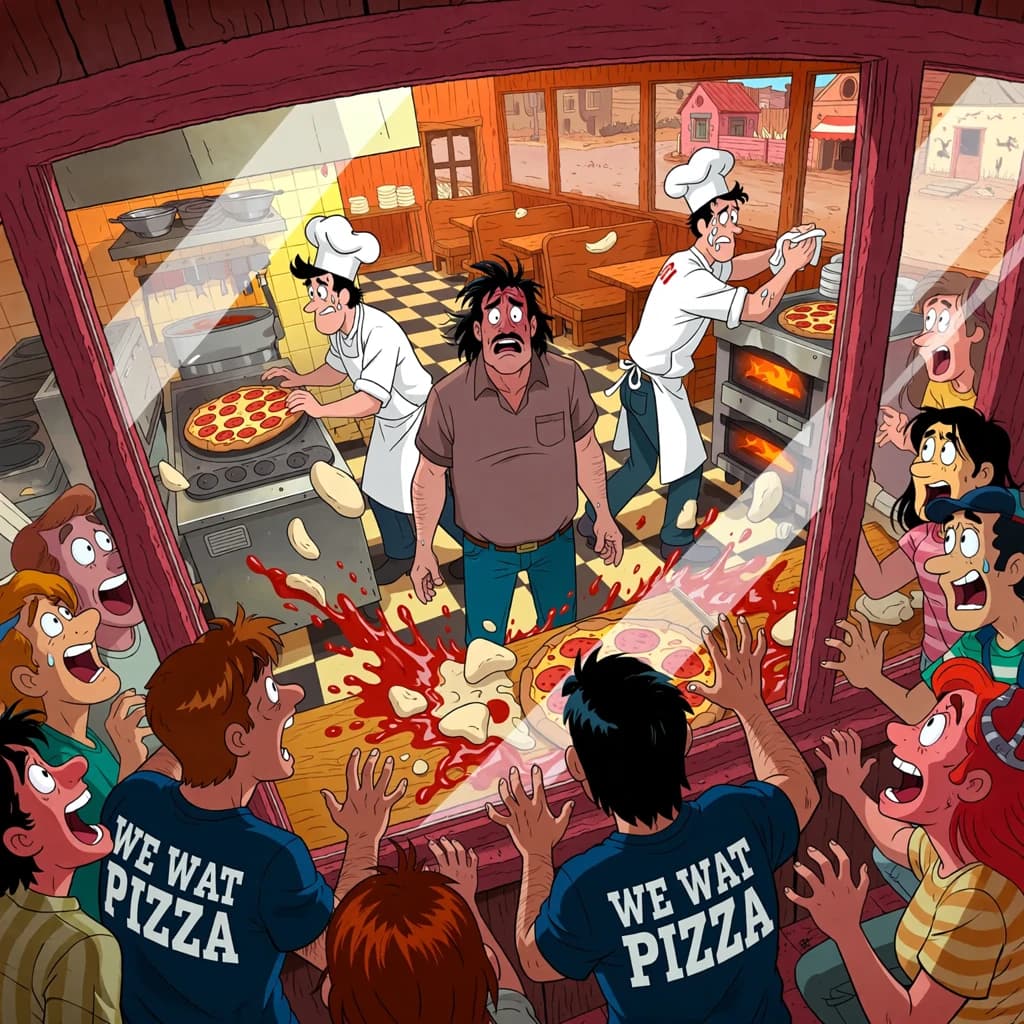 Pasquale is pulling his few remaining hairs out over a disaster at the pizzeria - the cooks are working as fast as they can but the crowds outside are swelling and they demand hot hot pizza! They are banging on the glass and some are wearing "we want pizza" shirts. 1980s western TV animation style.