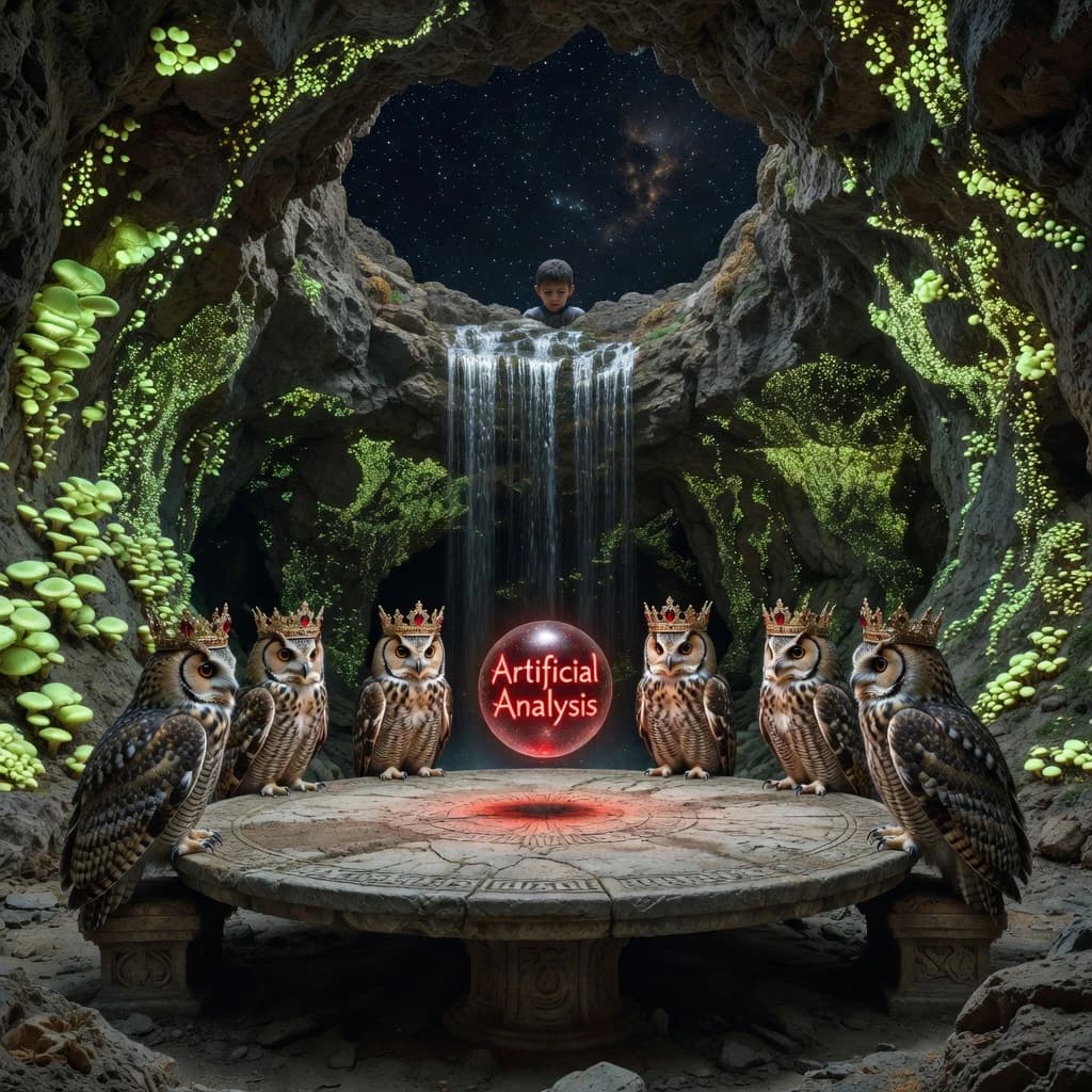 In a cavern lined with bioluminescent fungi glowing lime green, the council of owls wear jeweled crowns that glimmer with rubies, their wings folded behind their backs. Dust coats the stone table, a glowing orb inscribed with “Artificial Analysis” hovers above the table illuminating the owls with its red pulsating light. Behind them, a waterfall falls upward into a ceiling that opens onto stars - a child looks down in wonder from above at what he has stumbled across.