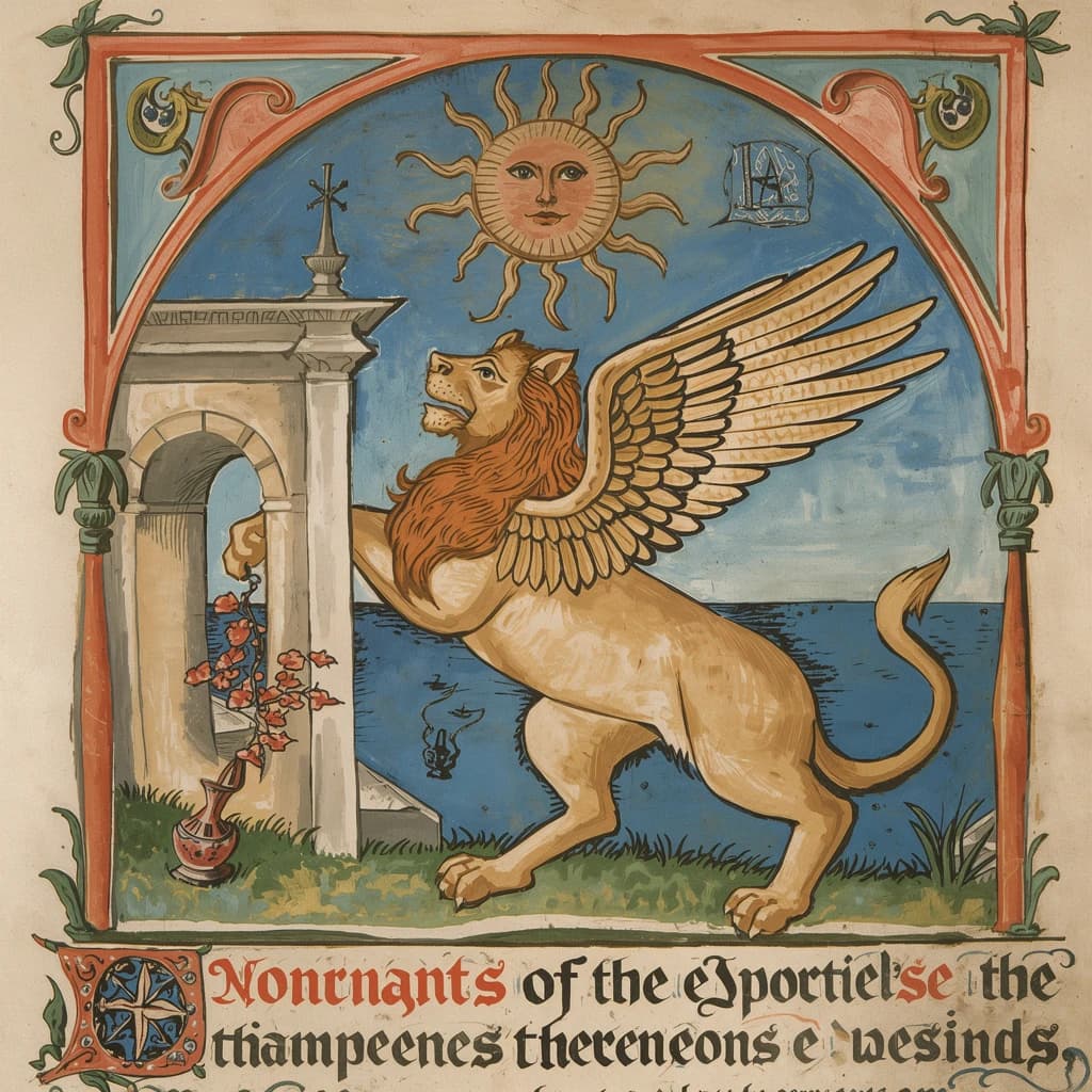 Paint an illuminated manuscript scene of a winged lion guarding a sea gate.