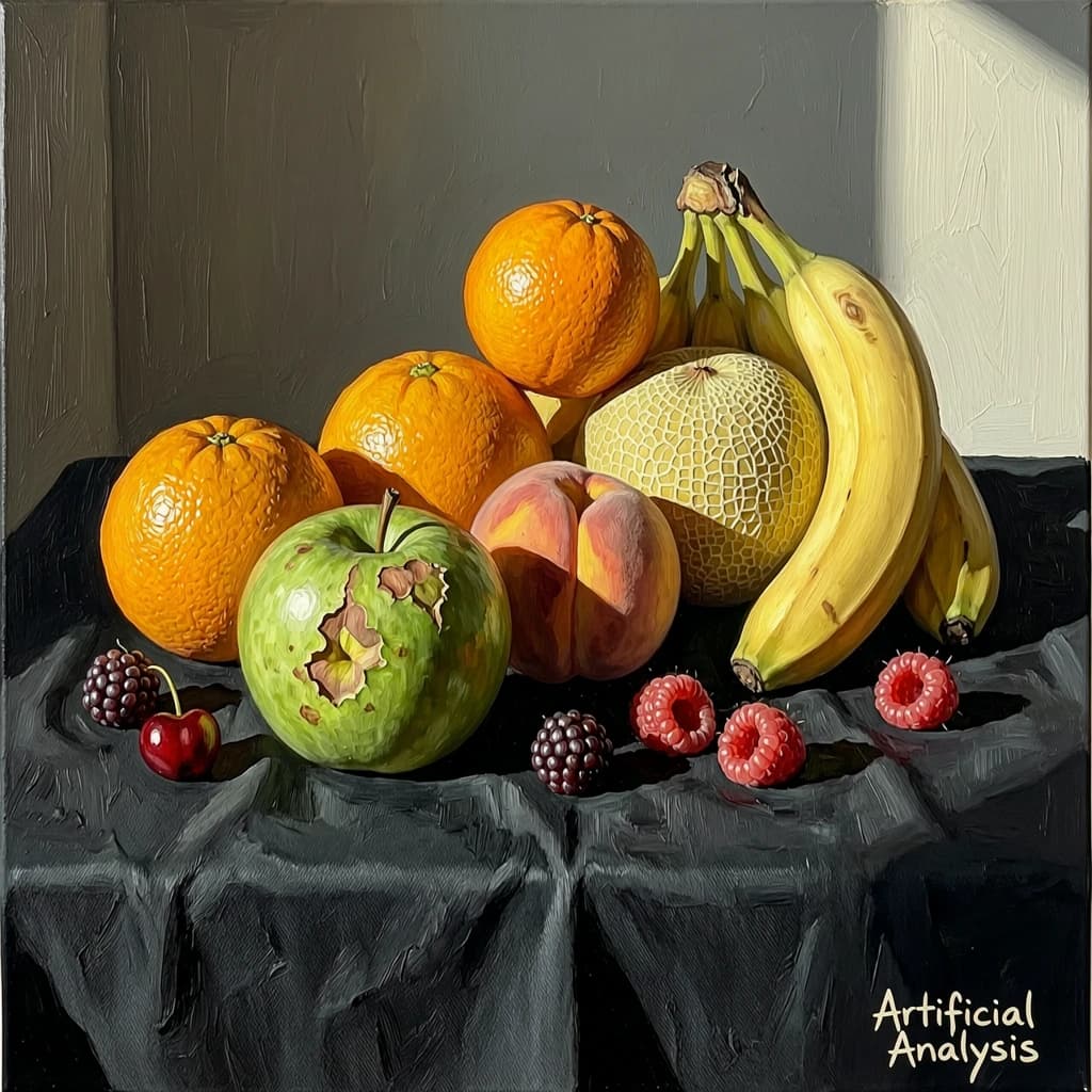 A still life scene painted oil on canvas, comprising various fruits on a black table cloth with striking lighting coming from the right out of frame, creating strong shadows. A bruised green apple is in the foreground, a peach behind it, and behind that a melange of oranges and bananas in various states of ripeness. Berries are strewn in front of the apple. The artist has signed his name "Artificial Analysis" in the bottom right corner in a hurried fashion.