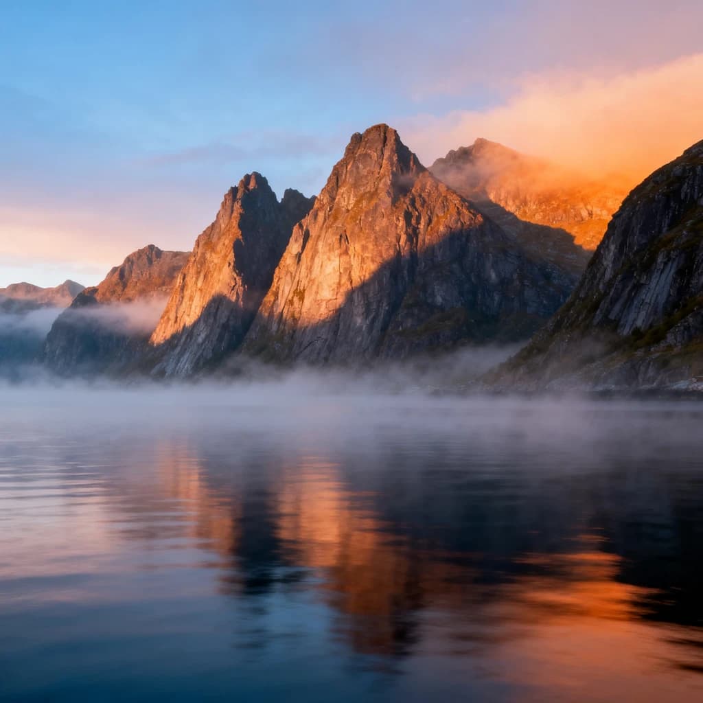 Frame a foggy fjord at sunrise, cliffs looming.