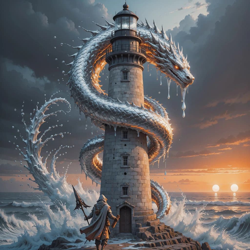 A dragon of molten silver coils around a lighthouse. The storming sea below crashes upward in frozen stillness, as though caught mid-motion. The dragon’s molten eyes drip tears of ice. On the horizon, two suns set next to each other, casting orange light on one side of the tower and blue on the other. A cloaked traveler carries an ancient weapon in his left hand and a scroll in his right.