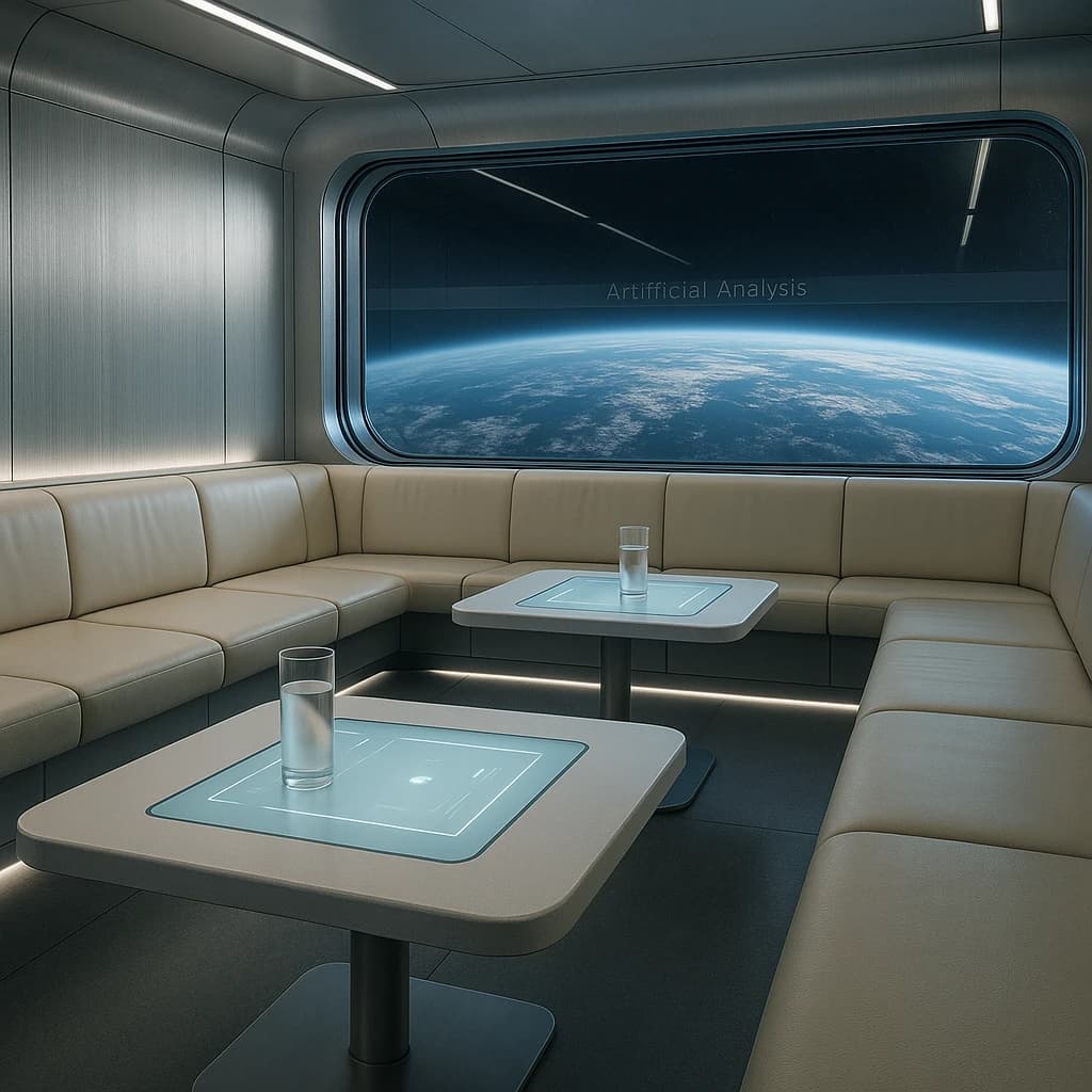 The orbital lounge has brushed aluminum walls and pale leather banquettes. Low white tables are inset with glowing touchscreens. Drinks are clear, flavorless, in tall unmarked glasses. The viewport is floor-to-ceiling, showing Earth moving slowly beneath. The word Artificial Analysis is etched discreetly on the glass in a frosted band.