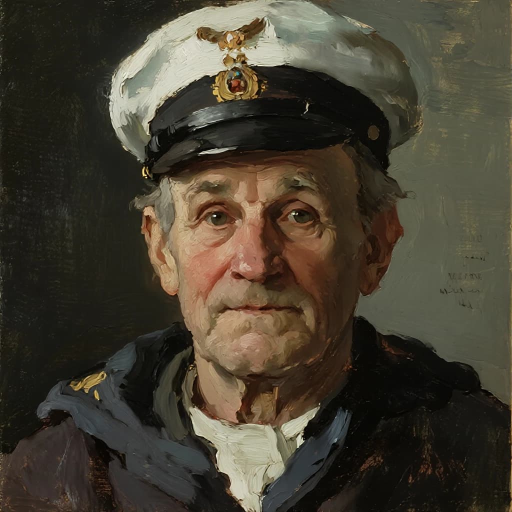 Oil on canvas portrait of an elderly sailor, weathered face, soft light.