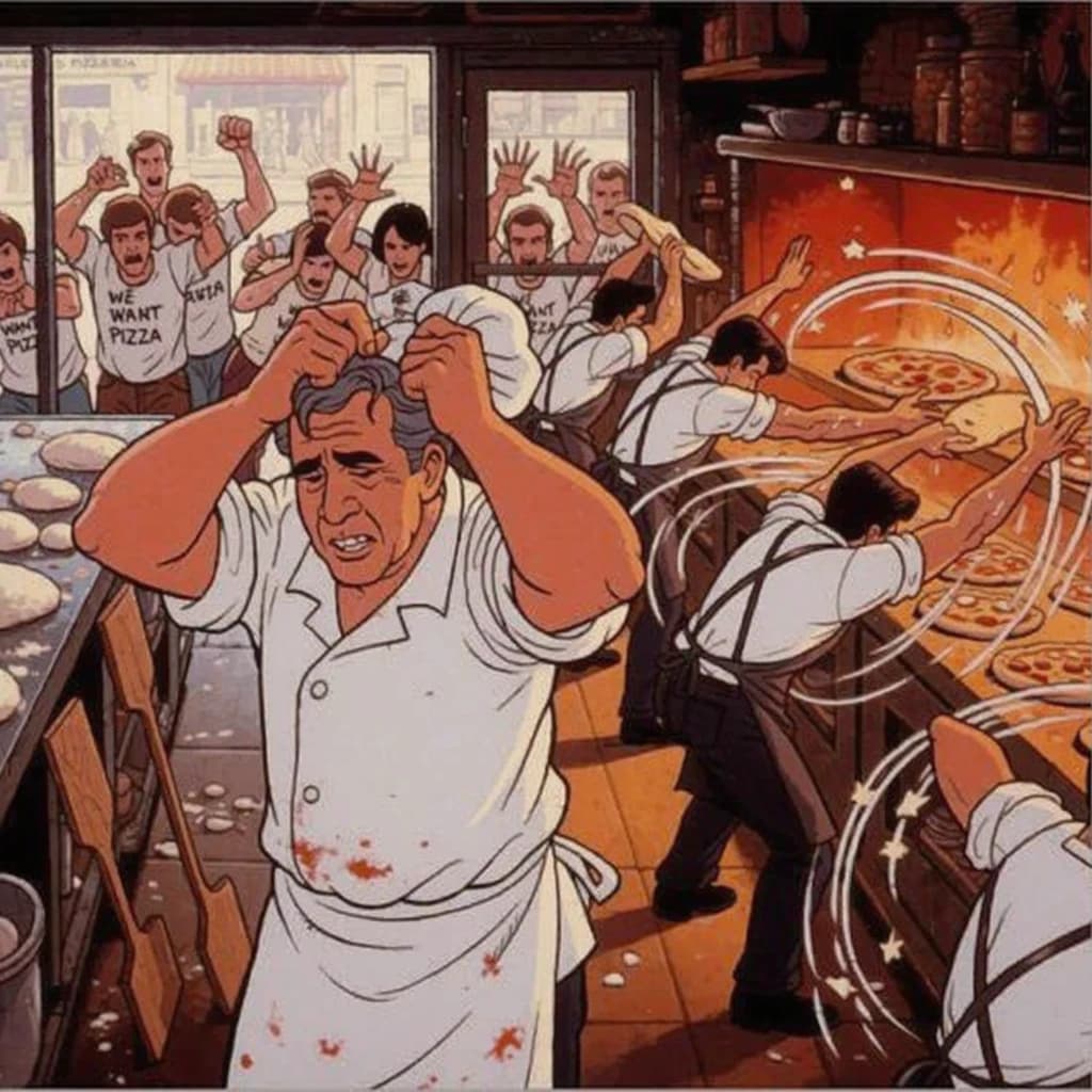 Pasquale is pulling his few remaining hairs out over a disaster at the pizzeria - the cooks are working as fast as they can but the crowds outside are swelling and they demand hot hot pizza! They are banging on the glass and some are wearing "we want pizza" shirts. 1980s western TV animation style.