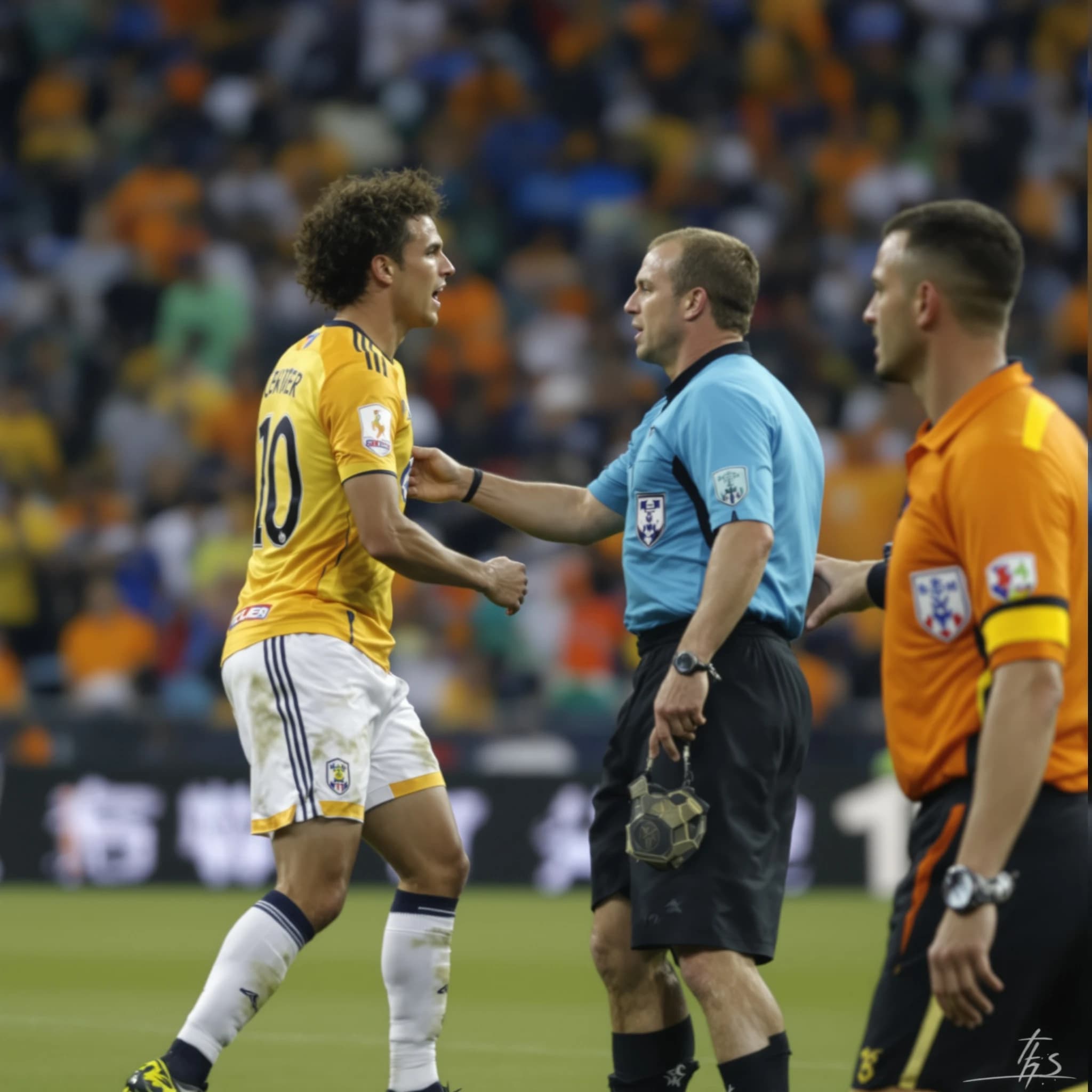 The soccer player clashes with the ref. It is thick and humid and the heat is getting to the players. His friend tries to pull him off before he causes any more trouble.