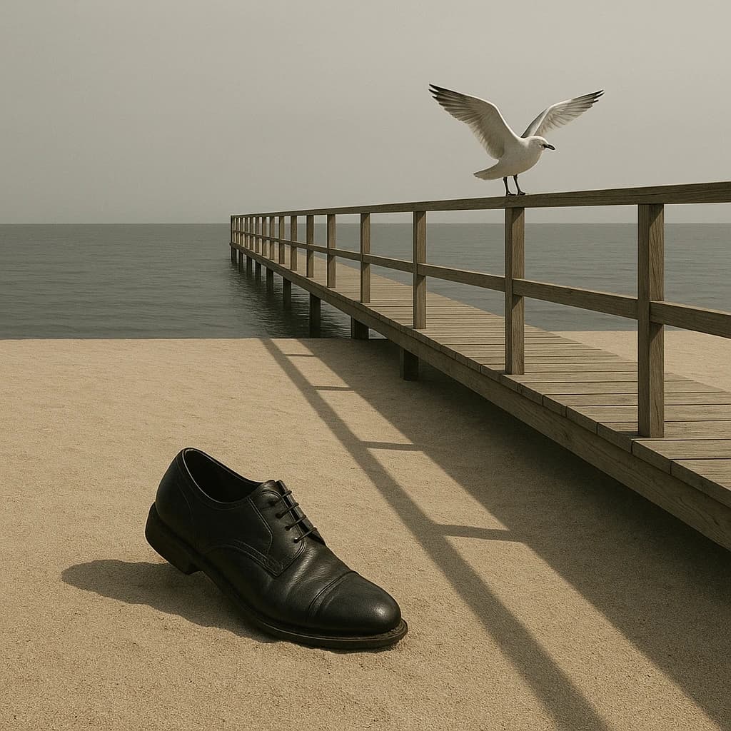 The beach is flat, sand beige, granular, no shells, except for a single left shoe, black leather, size eleven, half buried at an angle. The pier extends straight into the water, wood untreated, grain visible, though the support posts vanish before they touch the surface. The sky is uniformly gray, no clouds, yet shadows stretch at sharp diagonals. A single gull sits on the railing, wings outstretched, frozen mid-flap, no movement.