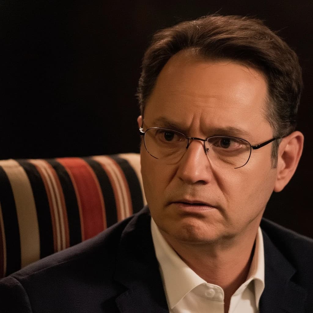 A sharply lit portrait of a middle-aged man wearing thin-rimmed glasses and a dark jacket over a white collared shirt. He gazes intently to the side, his face half illuminated by warm light while the background recedes into deep shadow. The expression is thoughtful, almost wary, as if caught mid-conversation. Behind him, a striped cushion in muted reds and blacks adds subtle texture, contrasting with the crisp highlights on his forehead and glasses. The overall mood is contemplative and cinematic, balancing warmth with tension.
