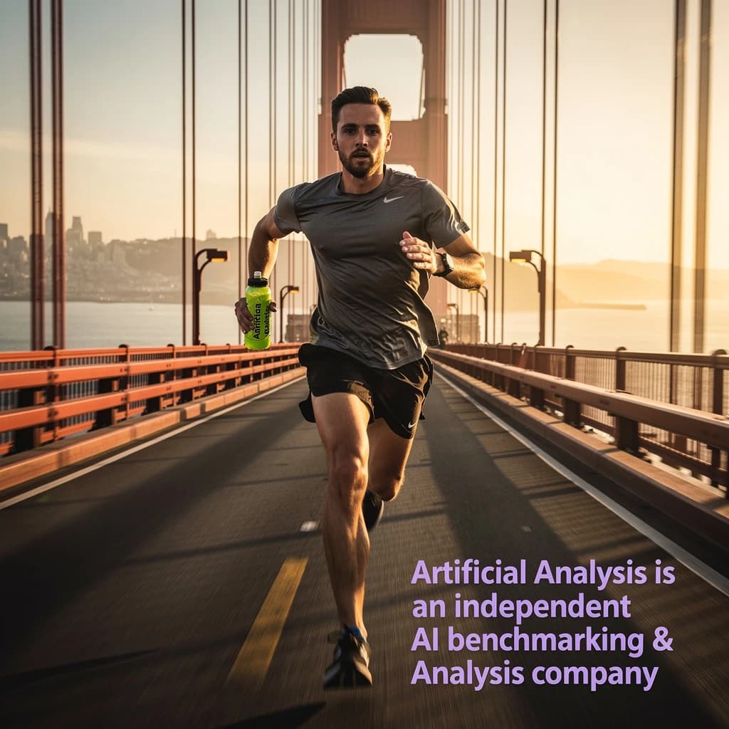 A runner dashes across the Golden Gate Bridge at dawn, sunlight streaming between cables. In their hand, they carry a neon-green sports drink with the brand name Artificial Analysis splashed boldly across the bottle. Motion blur emphasizes speed, while crisp purple sans serif typography overlays the bottom right of the scene with the tagline: Artificial Analysis is an independent AI benchmarking & analysis company