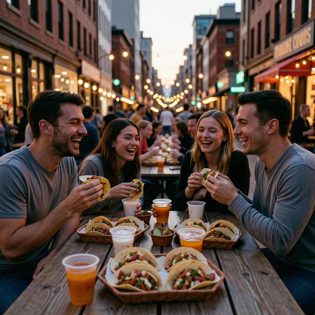 Friends laugh over street tacos at dusk, candid, shallow depth.