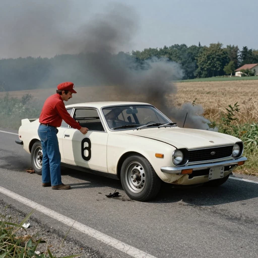 Mario examines the still smouldering wreck of the crash that took his best driver on the side of the country road. He designed this car and caused this. 3 days have passed since the crash. It's 1973 in Northern Italy.