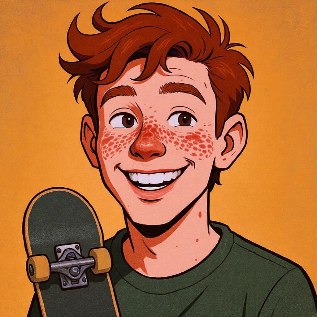 A cel-shaded portrait of a freckled skateboarder, messy red hair, bright grin.