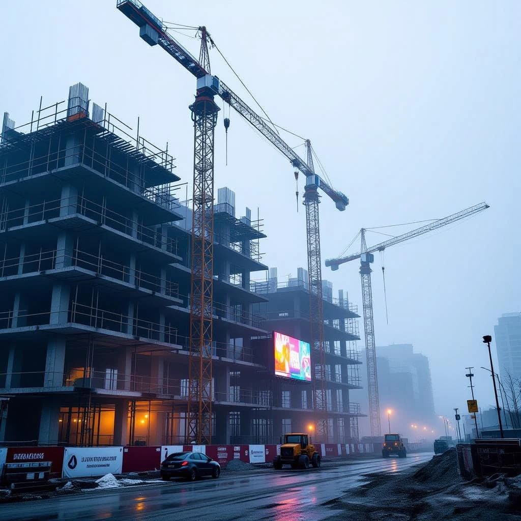 A construction site stretched upward into fog, cranes frozen in silhouette. Wind rattled scaffolding draped with torn mesh that glowed faintly from nearby billboards