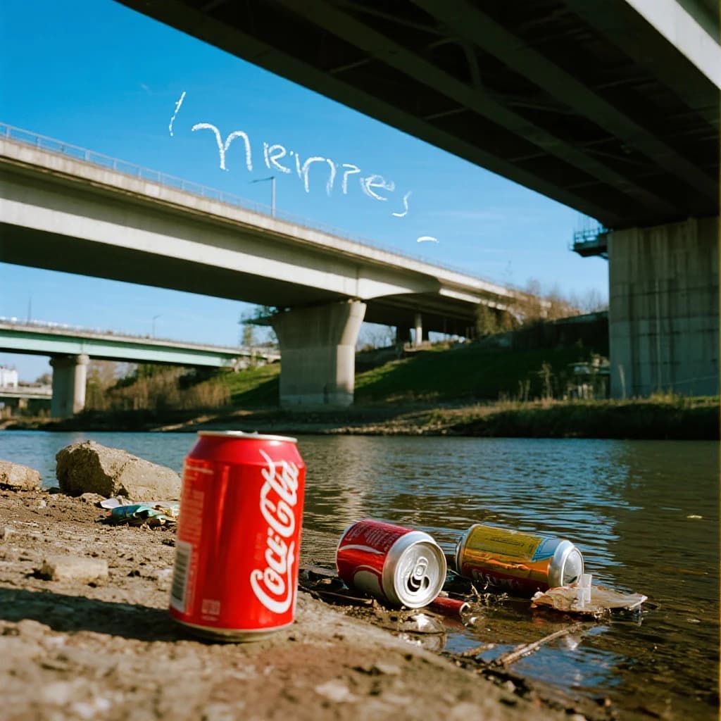 Red soda cans and other garbage sit strewn across the bank of an urban river only a few metres wide. Concrete overpasses criss cross overhead on a bright and sunny day. Fading skywriting proposes marriage