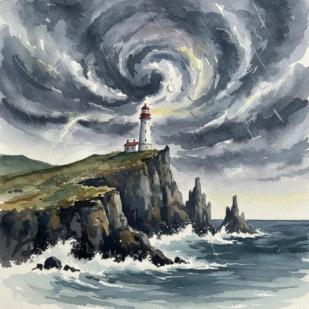 Please paint a watercolor of stormy cliffs and a lighthouse, moody sky.