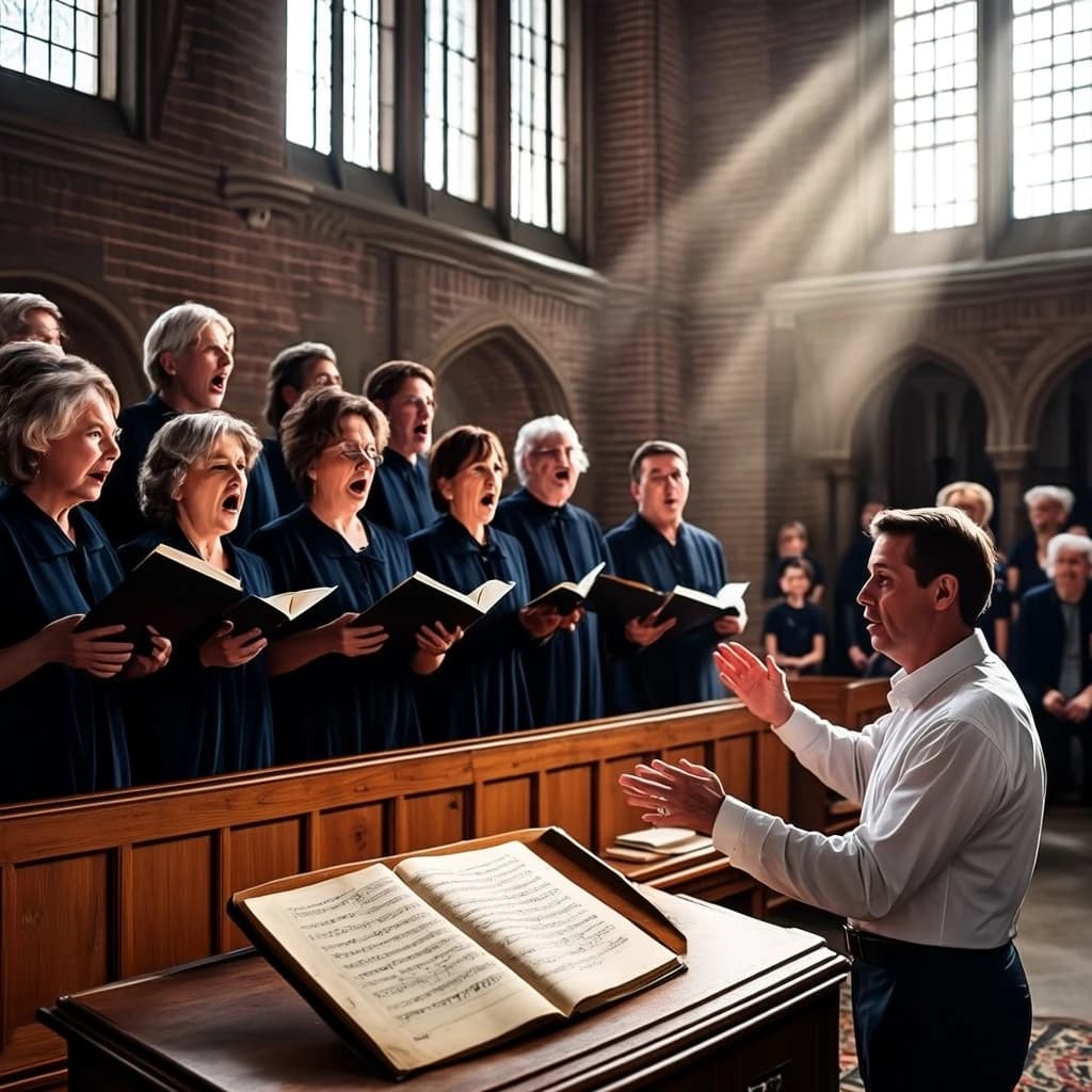 A choir rehearses in a brick hall as somewhat dramatic morning light falls through high windows, with a patient conductor mid-gesture, open scores, intent faces, slight motion blur.