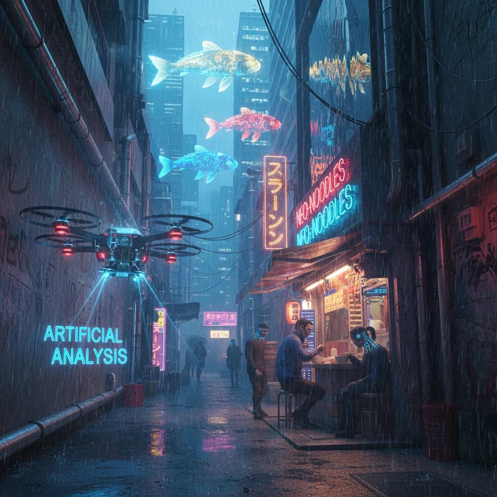 A neon alley in Neo-Tokyo 2142 drips with rain Cybernetic patrons slurp ramen at a stall with their glowing implants humming with blue light. Three giant holographic koi hover 10 metres above the ground and swim across the skyline, one has clipped into a building. A six-prop drone hovers nearby, projecting "Artificial Analysis" onto a wall with blue laser beams visible