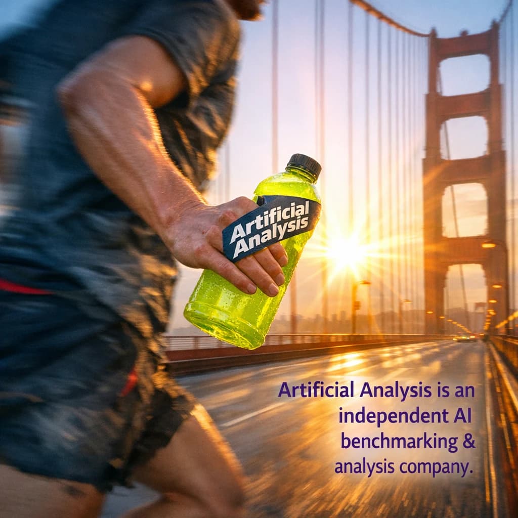 A runner dashes across the Golden Gate Bridge at dawn, sunlight streaming between cables. In their hand, they carry a neon-green sports drink with the brand name Artificial Analysis splashed boldly across the bottle. Motion blur emphasizes speed, while crisp purple sans serif typography overlays the bottom right of the scene with the tagline: Artificial Analysis is an independent AI benchmarking & analysis company