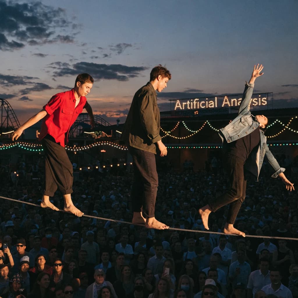 At dusk, high above a carnival crowd, three tightrope walkers balance on a single rope with no aids, one is off balance and grabbing at air. Below, the audience looks upward with baited anticipation. Artificial Analysis is spelled out in the background in carnival lights