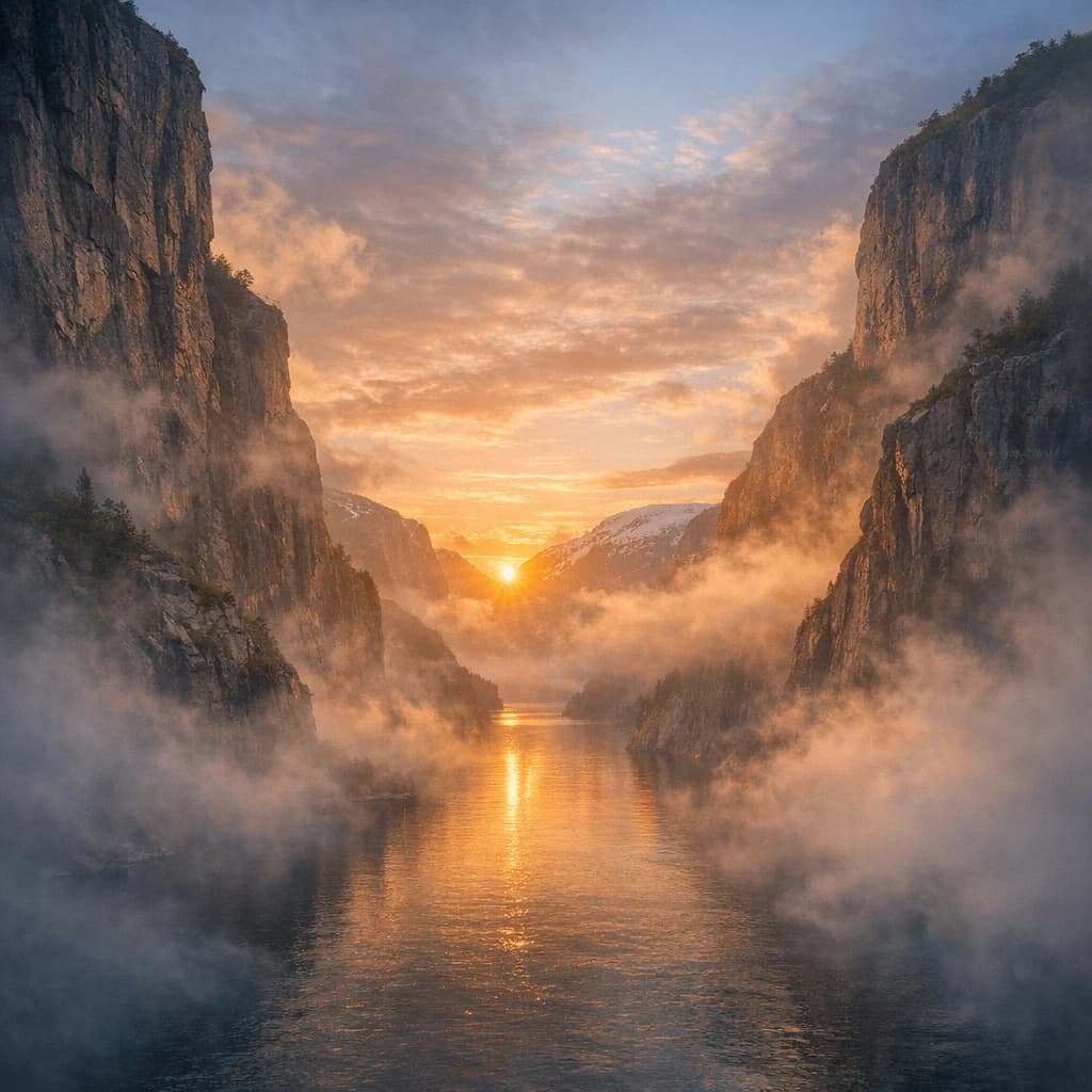 Frame a foggy fjord at sunrise, cliffs looming.