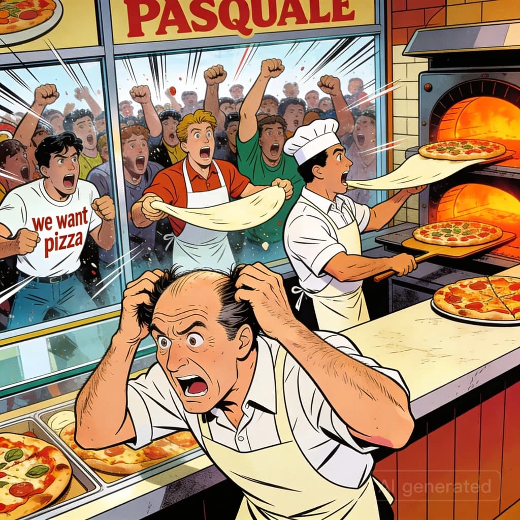 Pasquale is pulling his few remaining hairs out over a disaster at the pizzeria - the cooks are working as fast as they can but the crowds outside are swelling and they demand hot hot pizza! They are banging on the glass and some are wearing "we want pizza" shirts. 1980s western TV animation style.