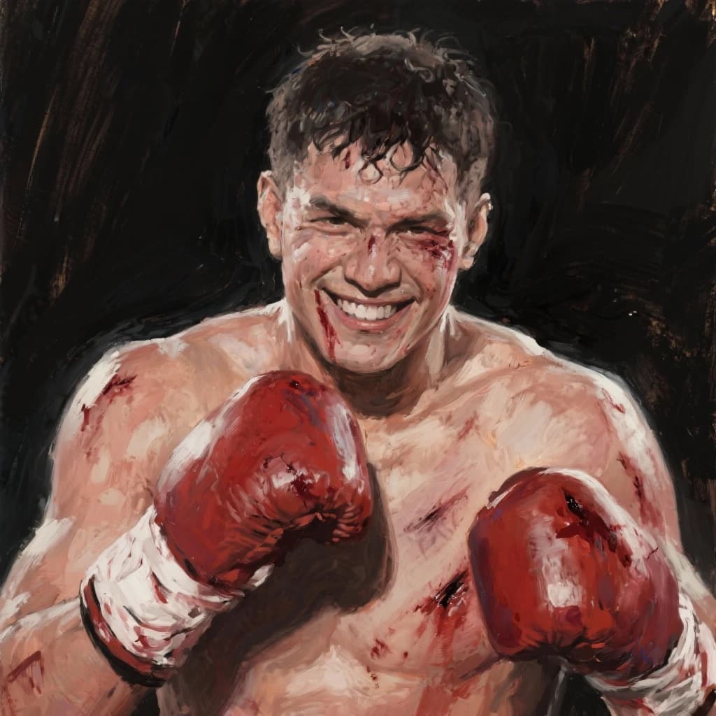 Paint a bruised boxer smiling, serious expression.