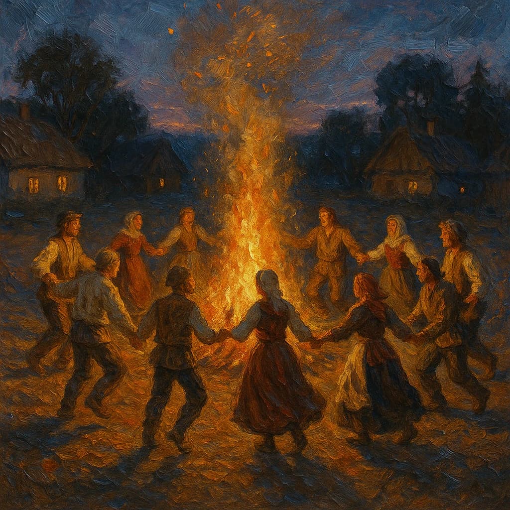 Make an oil painting of villagers dancing by a bonfire at dusk, a bit smoky.