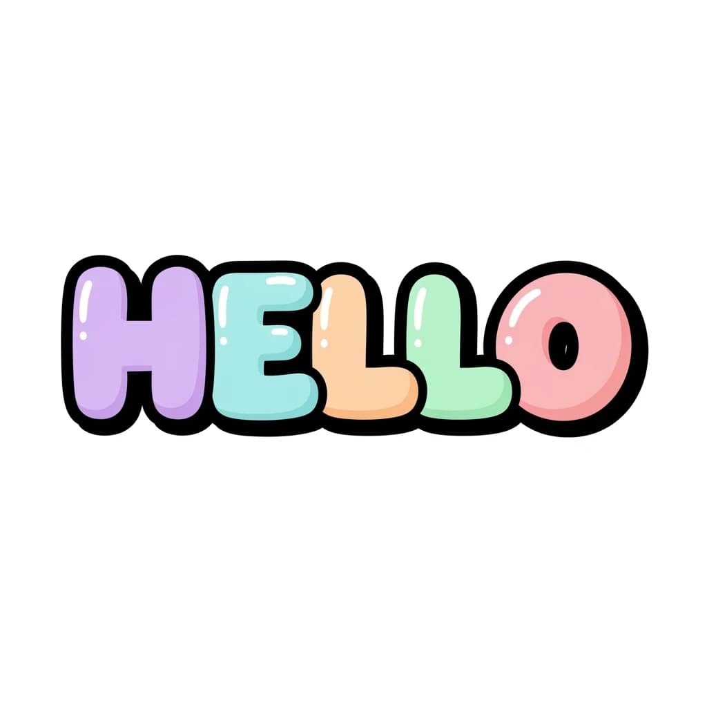 Make a bold bubble-letter poster that says HELLO, pastel palette, thick outline.