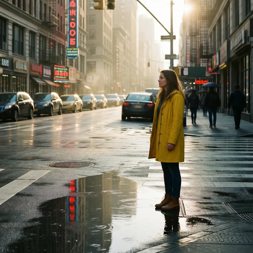 A sunlit city street after rain; puddles mirror neon signs as a woman in a yellow raincoat waits at a crosswalk, soft mist, 50mm look, natural tones, a bit of film grain.