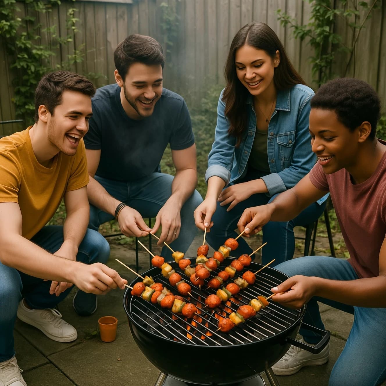 Friends grill skewers on a slightly messy patio.