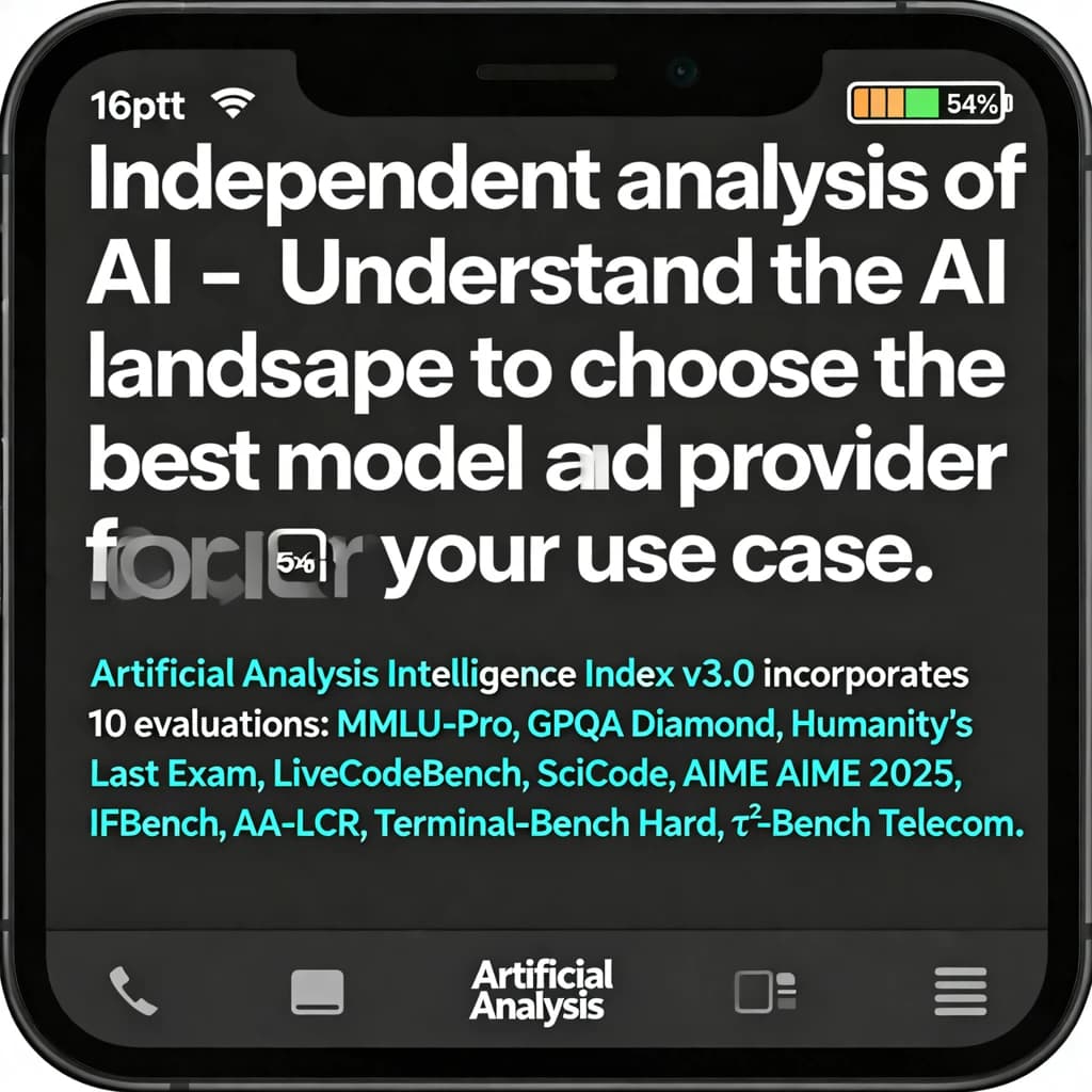 On a black smartphone UI with rounded corners, display a centered text block in white San Francisco font, 16pt: “Independent analysis of AI - Understand the AI landscape to choose the best model and provider for your use case.” Below, in neon cyan, monospace font, smaller size: “Artificial Analysis Intelligence Index v3.0 incorporates 10 evaluations: MMLU-Pro, GPQA Diamond, Humanity's Last Exam, LiveCodeBench, SciCode, AIME 2025, IFBench, AA-LCR, Terminal-Bench Hard, 𝜏²-Bench Telecom.” The second block scrolls horizontally as a ticker. The battery icon in the status bar shows 54%. The Artificial Analysis logo appears faintly, embossed into the bottom navigation bar.