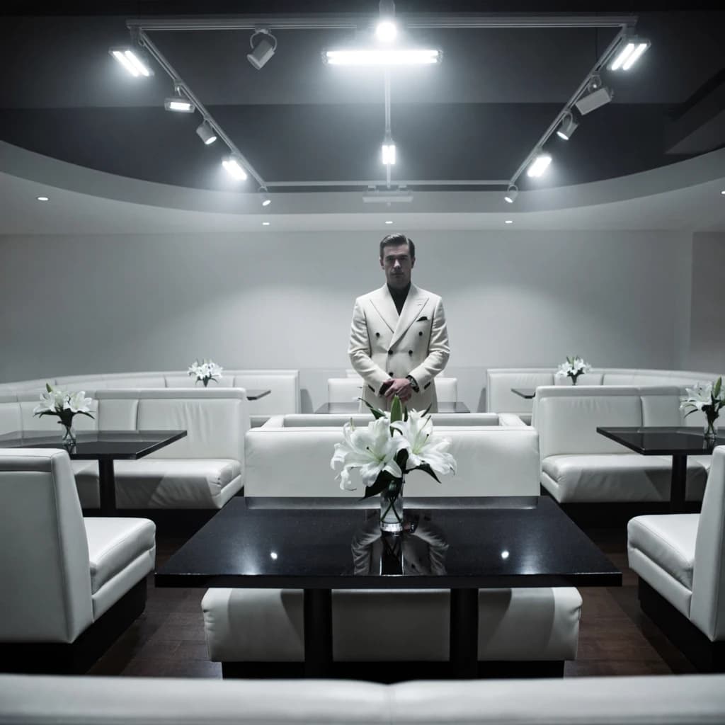 The place is almost empty. The banquettes are covered in white leather, the tables black granite, and the entire room is bathed in halogen track lighting that seems too bright. The maître d’ wears a double-breasted wool crepe jacket. There are lilies on every table.