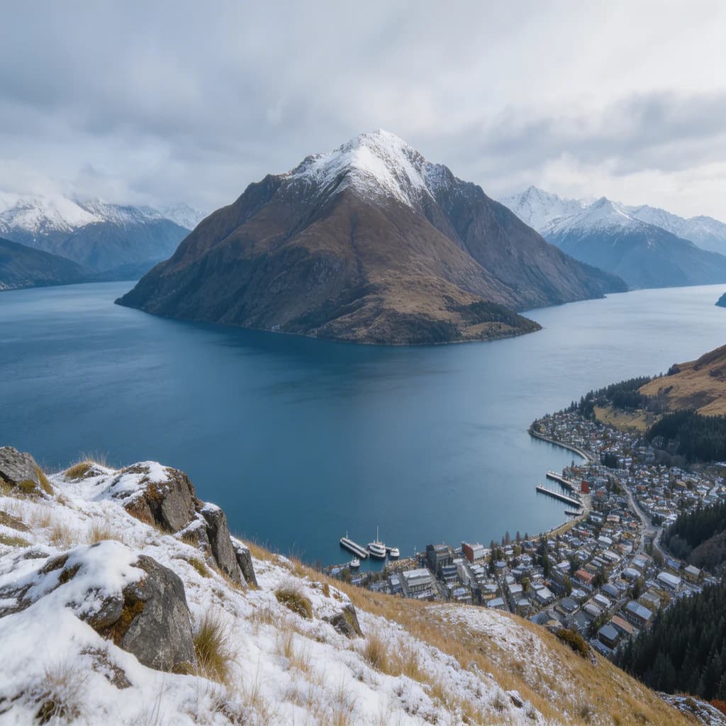 Queenstown's Lake Wakatipu, viewed from the top of Queenstown Hill after a snowstorm just dusted the top of Cecil's Peak
