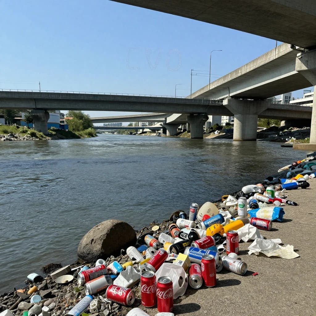 Red soda cans and other garbage sit strewn across the bank of an urban river only a few metres wide. Concrete overpasses criss cross overhead on a bright and sunny day. Fading skywriting proposes marriage