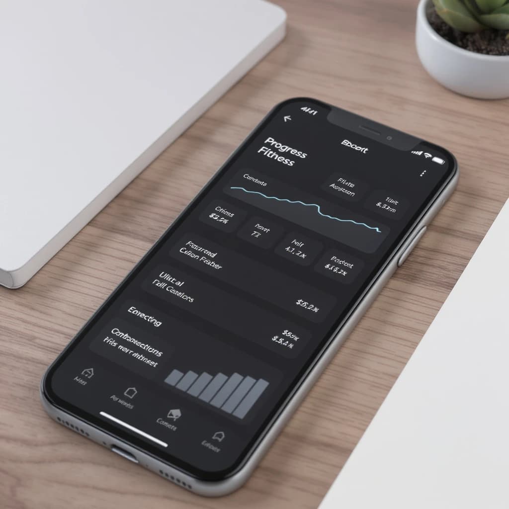 Sleek mobile fitness app screens on a desk: dark mode home, progress dashboard, simple onboarding, clear 8 pt grid, slightly oversized buttons for thumb reach, muted colors.