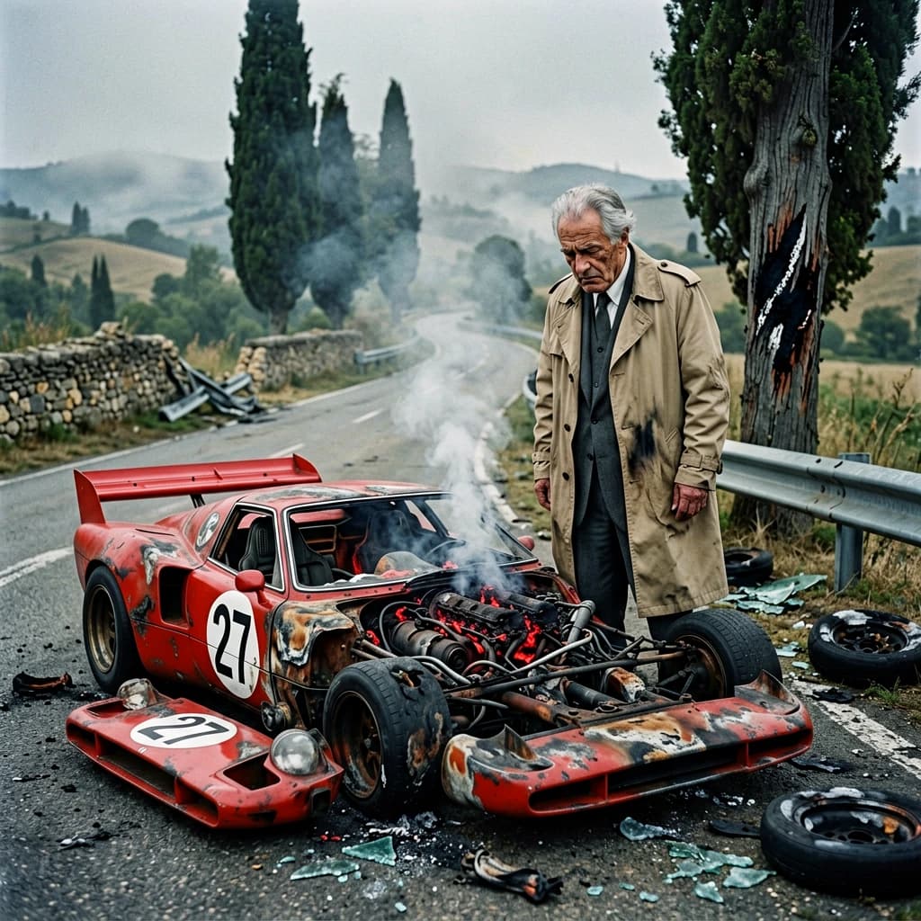 Mario examines the still smouldering wreck of the crash that took his best driver on the side of the country road. He designed this car and caused this. 3 days have passed since the crash. It's 1973 in Northern Italy.